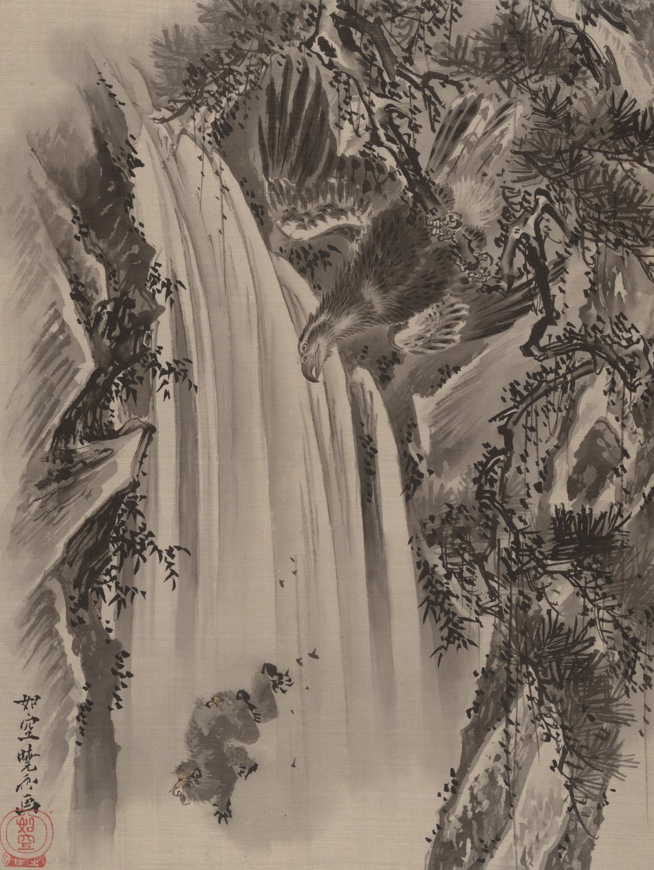 Vodopád, Eagle and Monkey, ca. 1887. od Kawanabe Kyosai