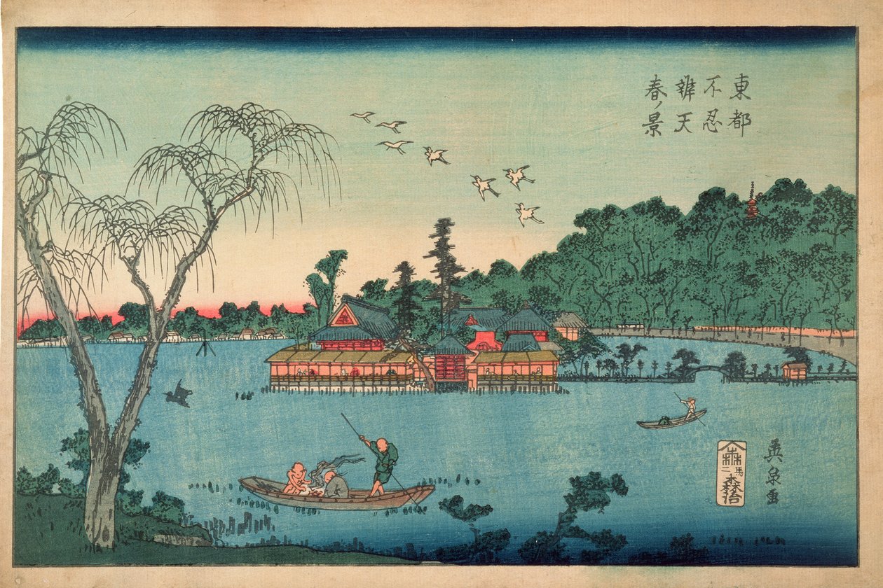 Jarní pohled na svatyni Benten, rybník Shinobazu, cca 1830 (barevný dřevotisk) od Keisai Eisen