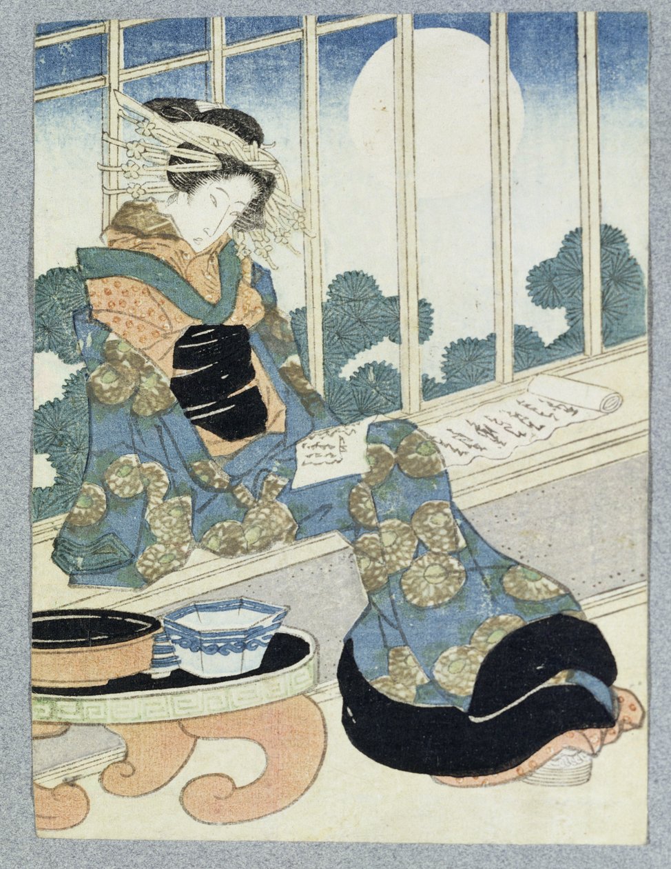 Japonská dáma Reading by Moonlight (dřevěný tisk) od Keisai Yeisen