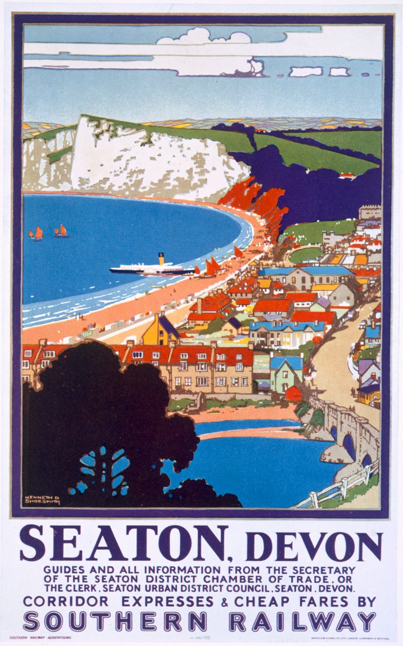 Seaton, Devon, plakát s reklamou na jižní železnici od Kenneth Shoesmith