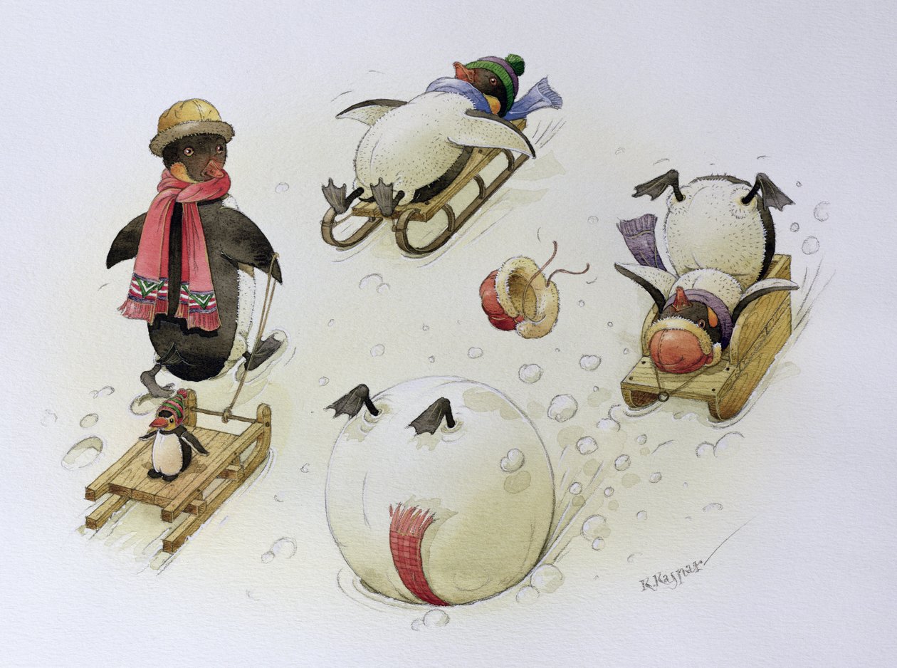 Penguins Sledging, 1999 (wc na papíře) od Kestutis Kasparavicius