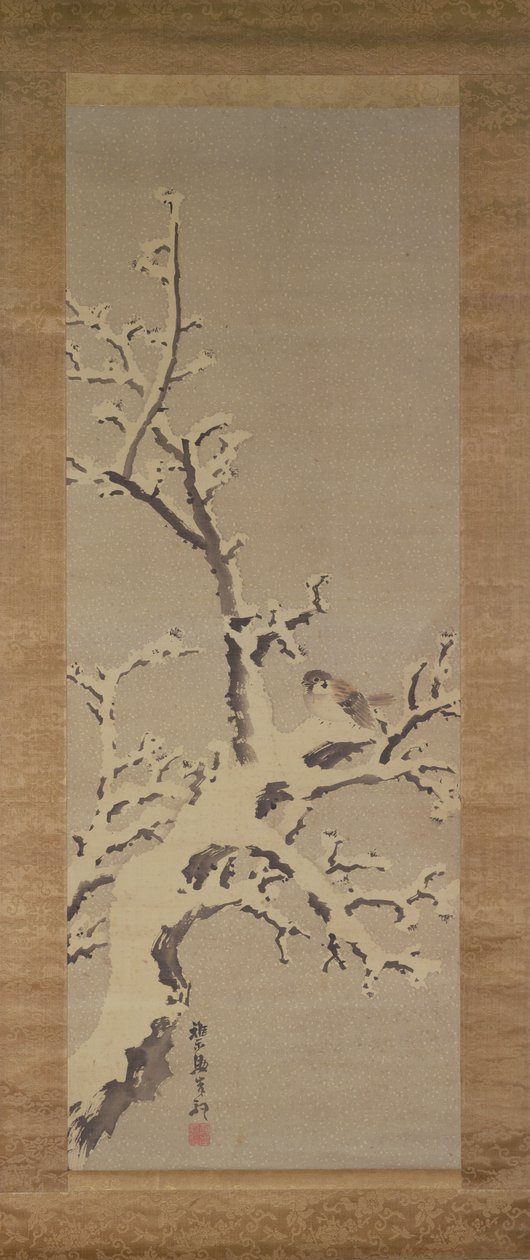 Vrabec na stromě ve sněhové bouři, cca 1800 (barva na papíře) od Kishi Ganku