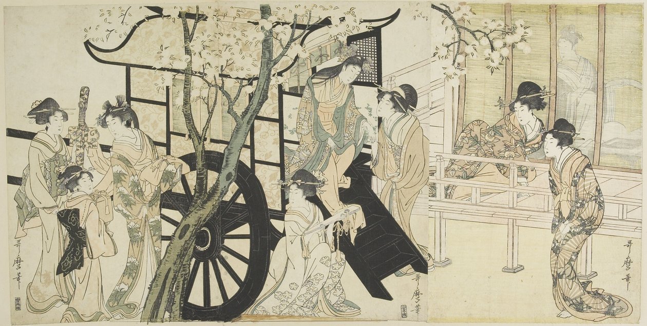 (Prohlížení třešňových květů připodobňovaných scéně s imperiálním kočárem), c. 1798 od Kitagawa Utamaro