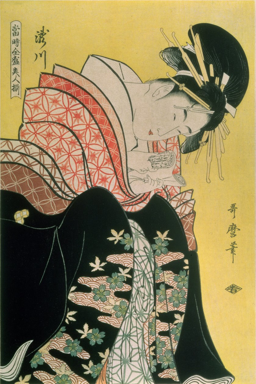 Takigawa z čajovny, Ogi (barevný dřevořez) od Kitagawa Utamaro