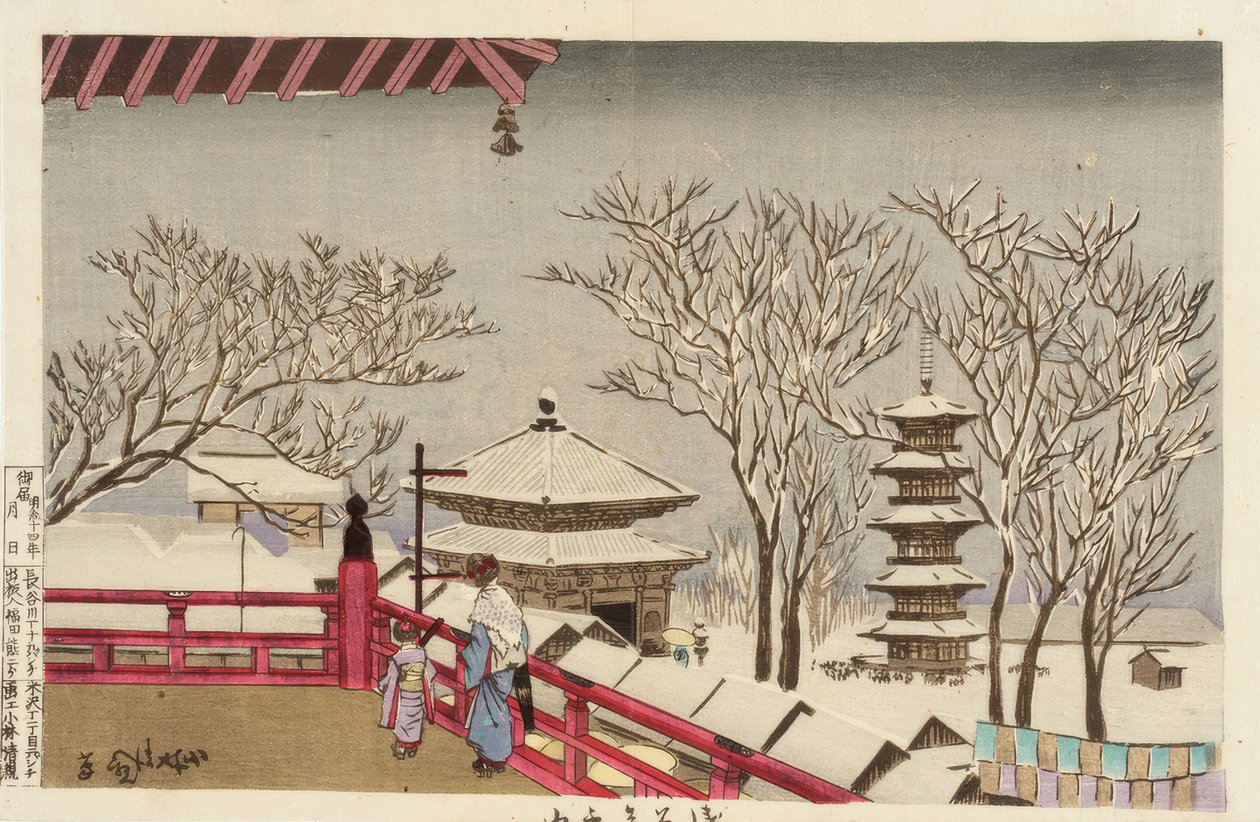 Chrám Sensoji ve sněhu od Kiyochika Kobayashi
