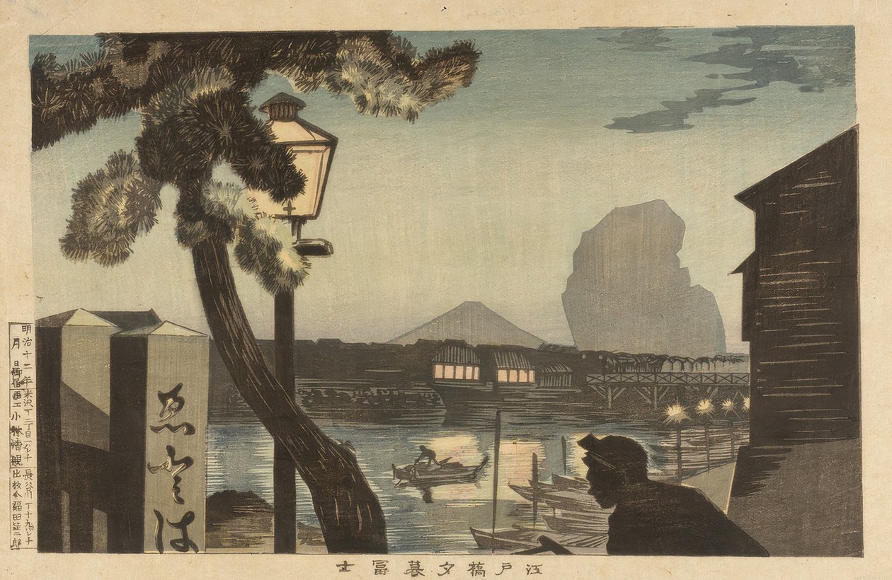 Hora Fuji za soumraku z mostu Edo od Kiyochika Kobayashi