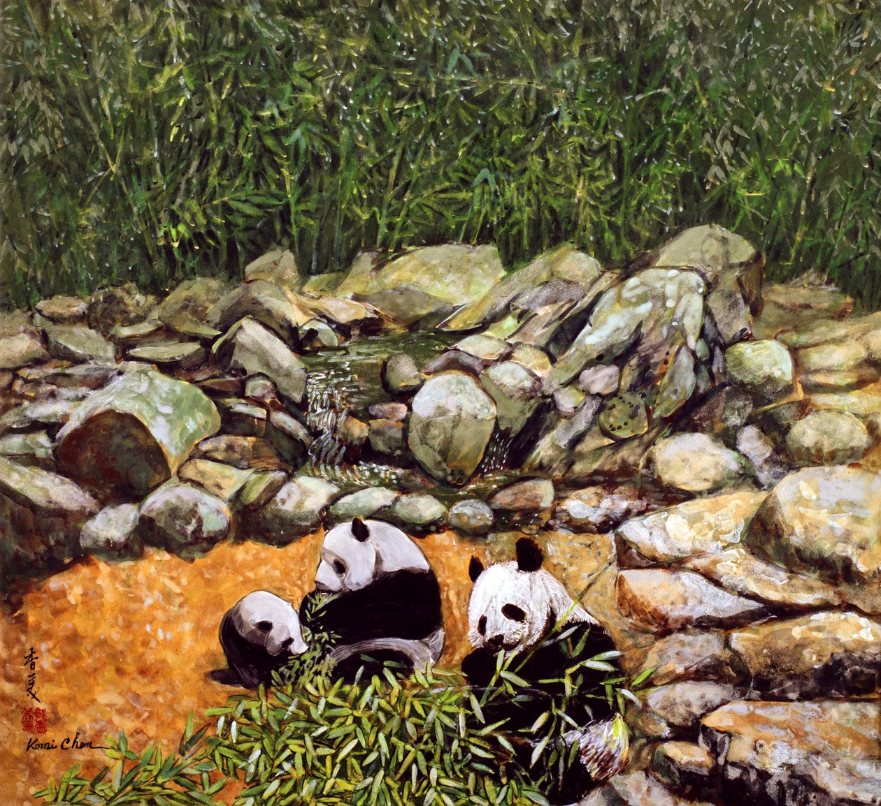 Happy Family (Pandas) 1993 (kvaš na hedvábí) od Komi Chen