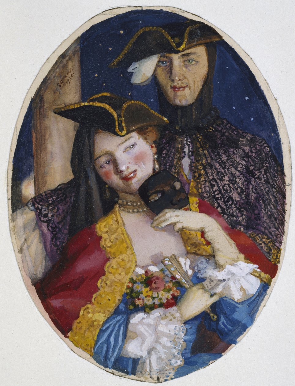 Pár oblečený na benátský karneval, 1930 (barva těla přes stopy grafitu na krémovém papíře) od Konstantin Andreevic Somov