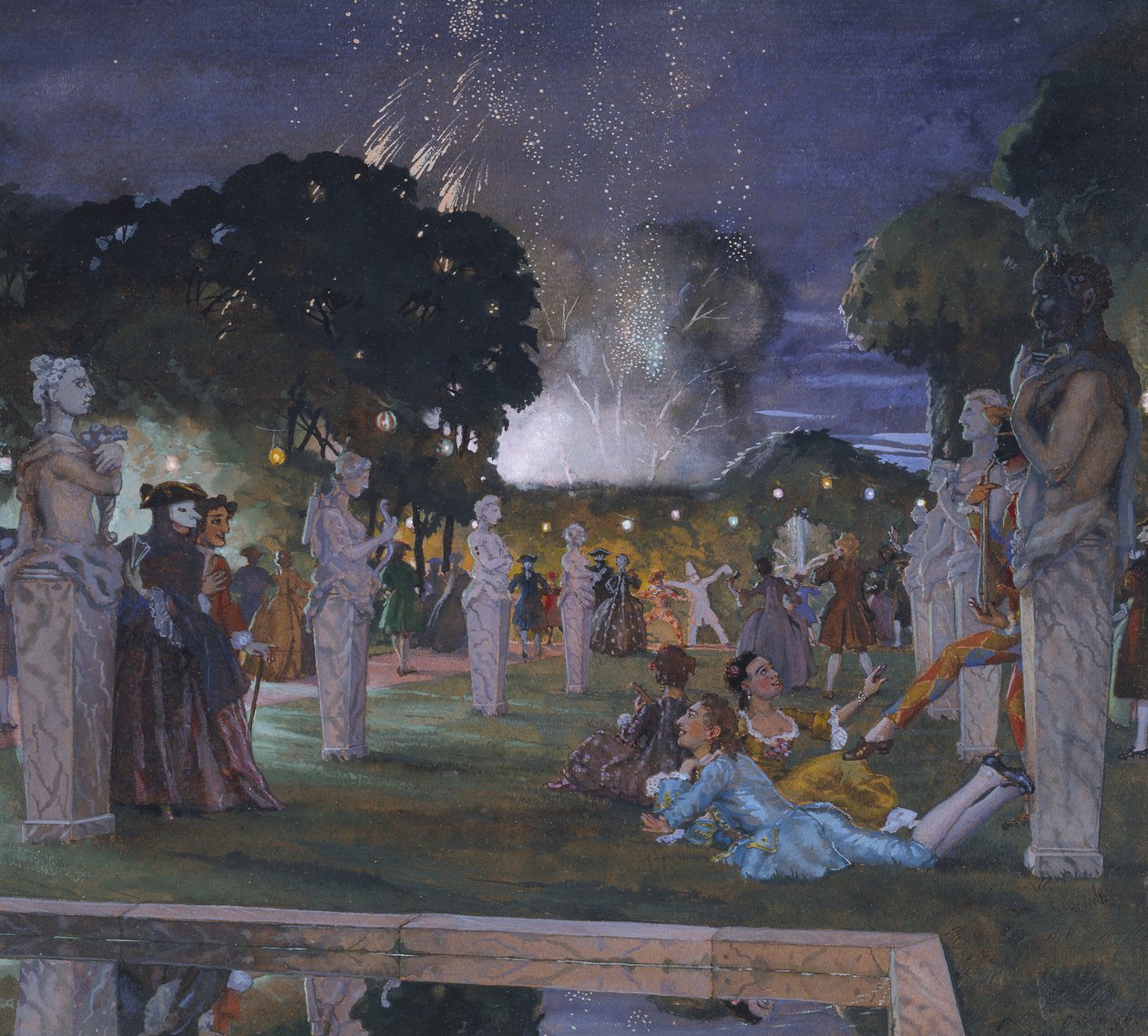 Slavnosti kolem Benátek, 1930 (Bodycolor na oranžovém tkaném papíře) od Konstantin Andreevic Somov