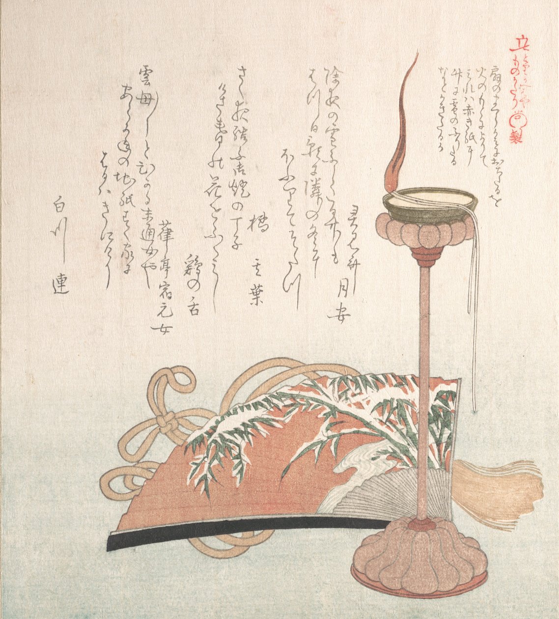 Stojan na svíčku a ventilátor, 19. století. od Kubo Shunman