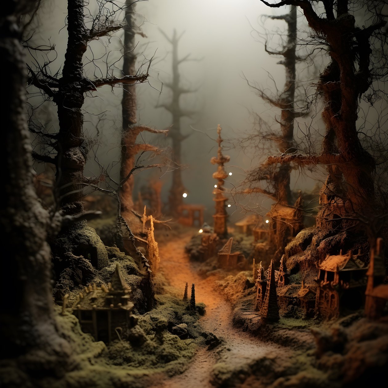 Miniaturní tilt-shift halloweenský les se zamlženými stromy a strašidelnou atmosférou 4 od Kurt Heppke