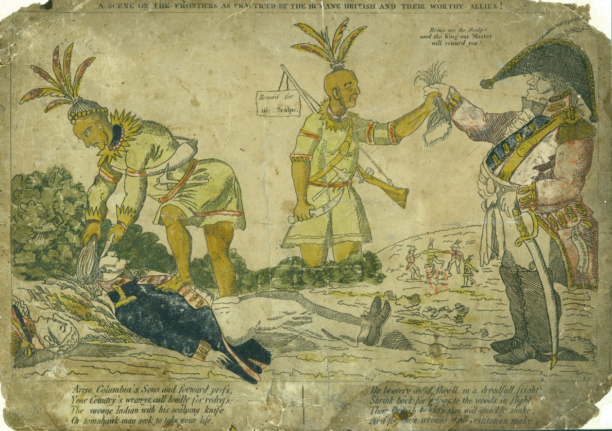 Horizontální ručně kolorovaná rytina zobrazující britského důstojníka platícího americkým indiánům na pokožku hlavy a amerického vojáka od LG after William Charles