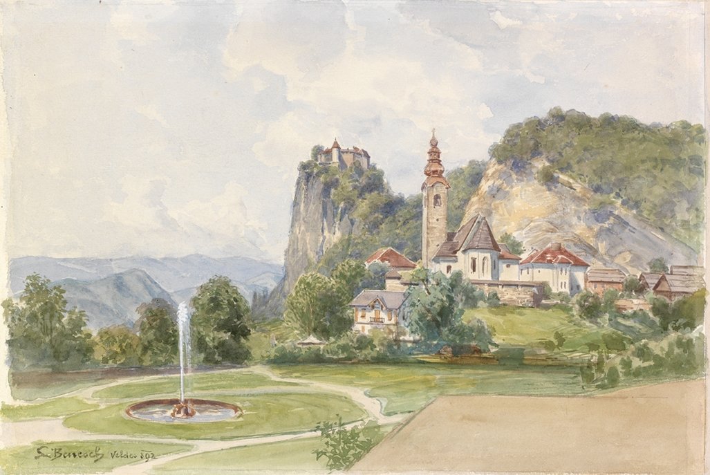 Bled-farní kostel se zámkem v pozadí od Ladislav Benesch
