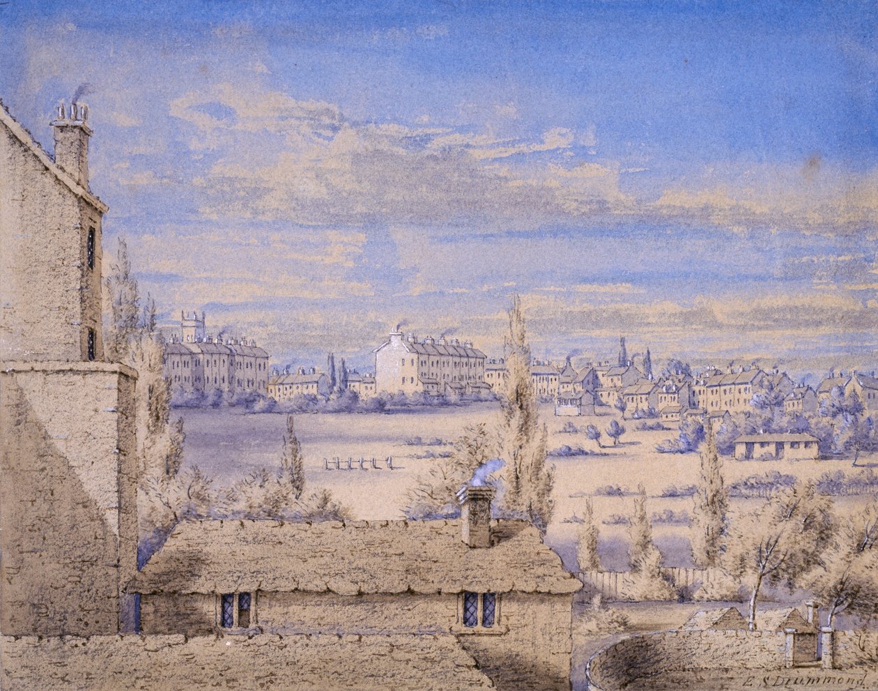 Pohled na Belgrave Square z No. 6 Grosvenor Place, Londýn, cca 1820 (wc a tužka na papíře) od Lady Emily Drummond