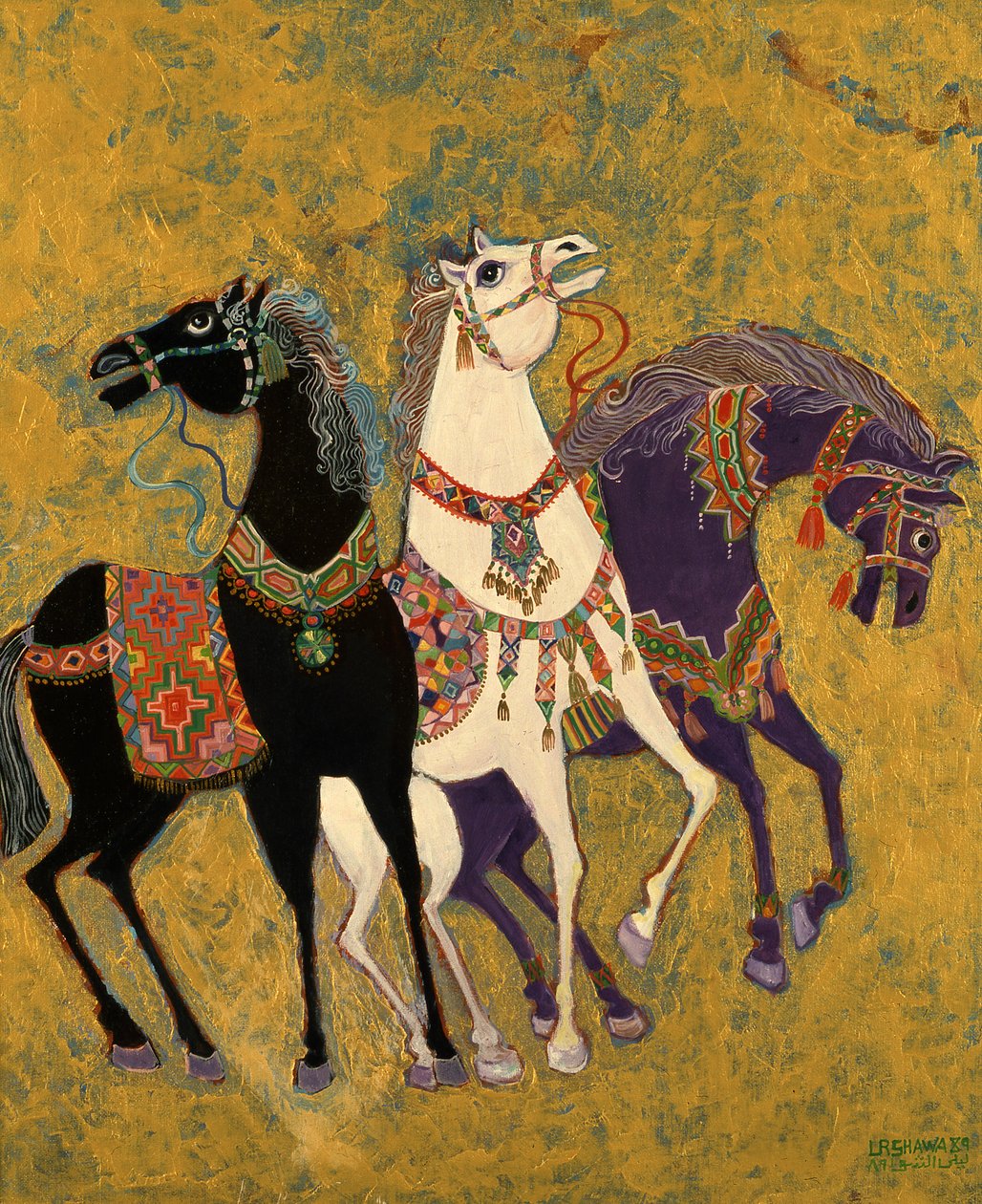 3 koně, 1975 (akryl na palubě) od Laila Shawa