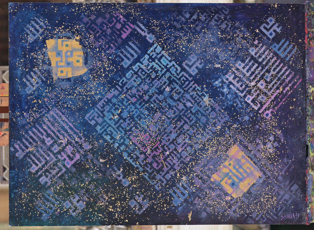 Cosmic Revelations, 1999 (akrylové a zlaté a stříbrné listy na plátně) od Laila Shawa