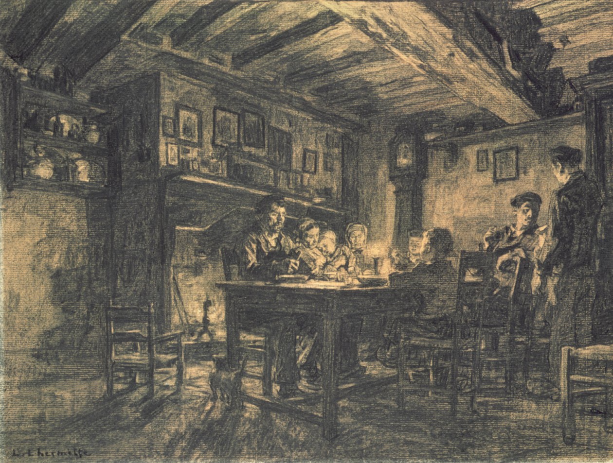 Rodinná večeře večer, 1883 (uhlí na papíře) od Leon Augustin Lhermitte