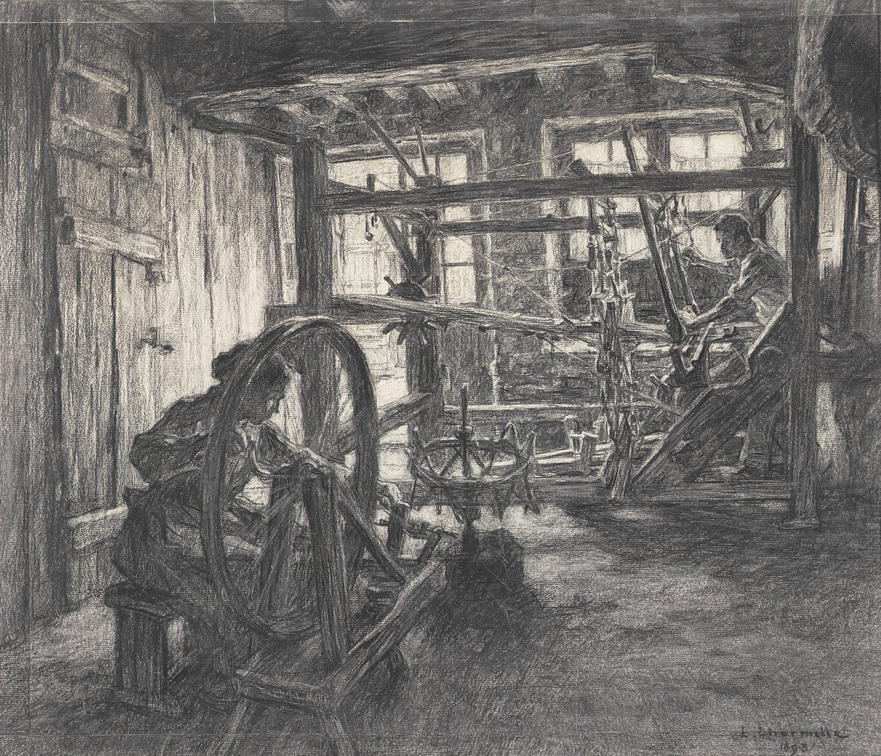 Tkalcova dílna v Dinanu aneb Tkadlec a jeho žena, 1893 (uhl na papíře) od Leon Augustin Lhermitte