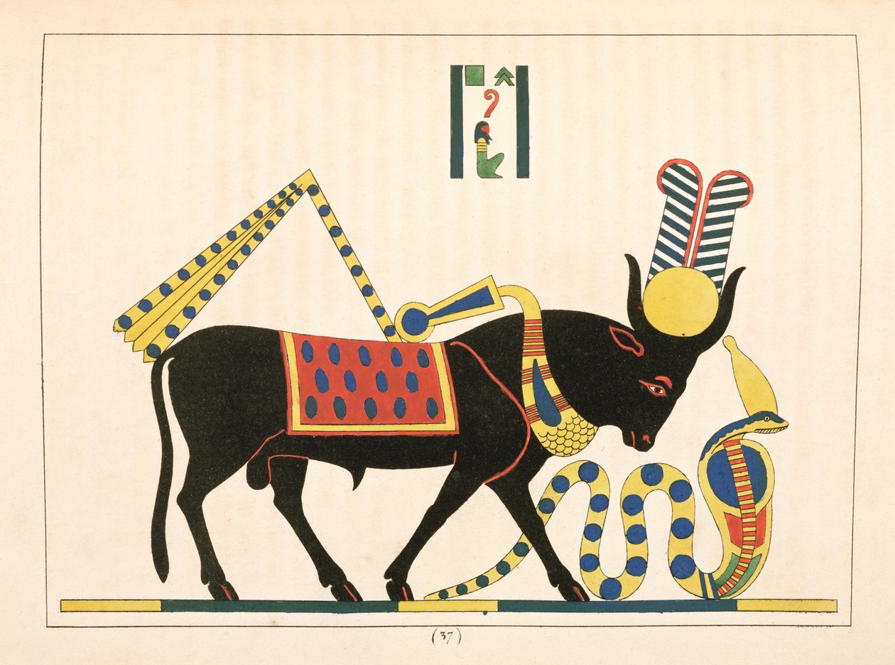 Býk Apis, ilustrace z Pantheonu egyptien: Collection des personnages mythologiques de lAncienne Egypte od Jean-Francoise Champolliona, vydáno 1823-25 od Leon Jean Joseph Dubois