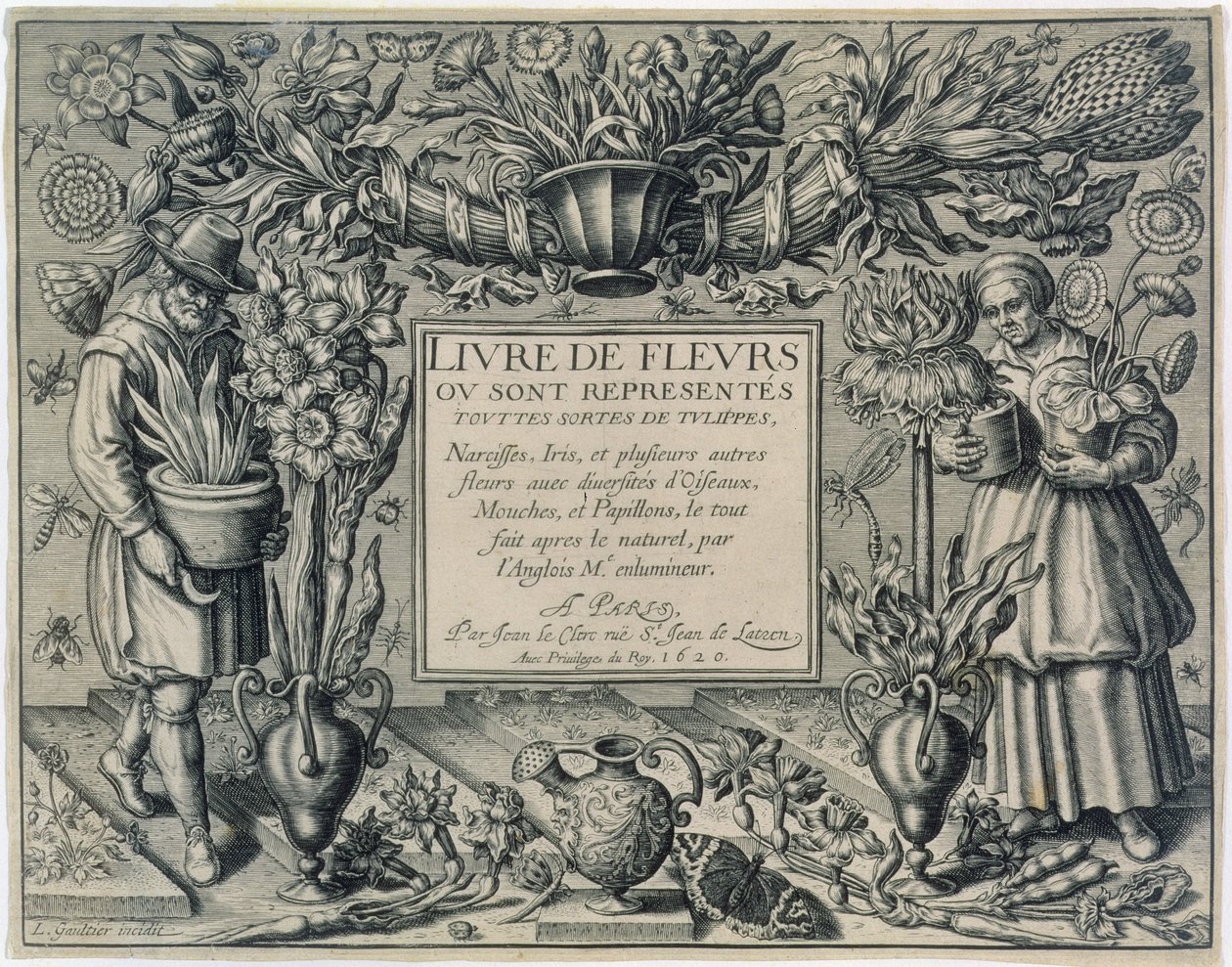 Titulní strana z knihy "Livre des Fleurs" od Jeana Le Clerca, vydané roku 1620 od Leonard Gaultier