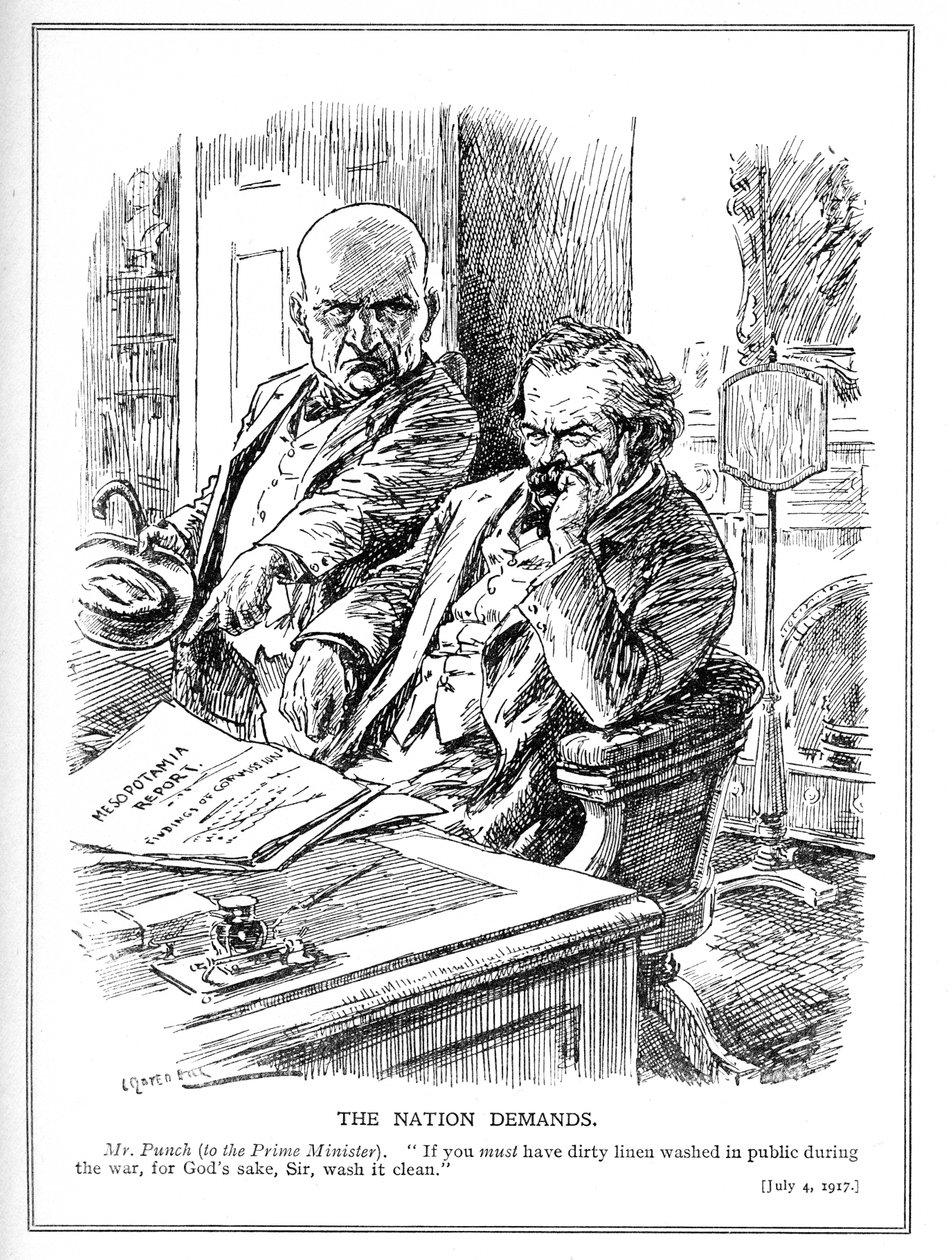 LLoyd George je pokárán panem Punchem za zprávu o britské invazi do Iráku (Mezopotámie) v roce 1914, karikatura z časopisu Punch, červenec 1917 od Leonard Raven Hill