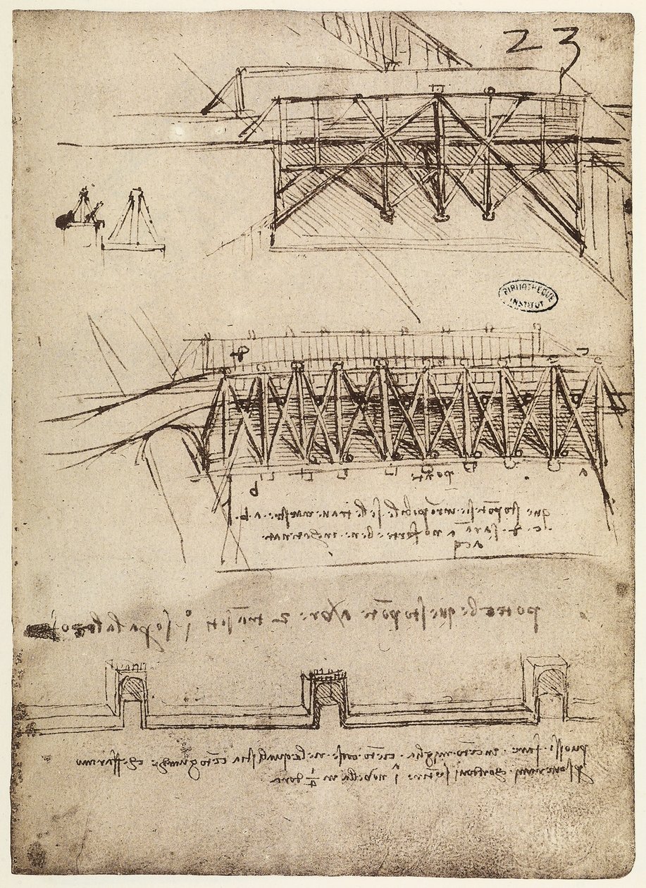 Codex B 2172 f.23r, Návrhy mostů, od Leonardo da Vinci
