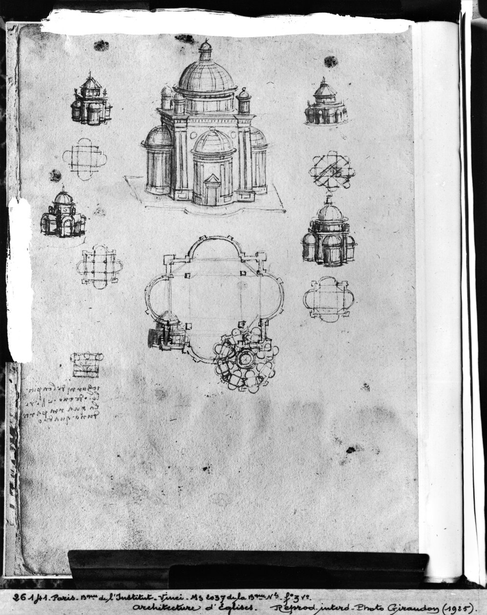 Návrhy centrálně plánovaného kostela, fol. 3v z Codex Ashburnham I a II (dříve součást rukopisu B (2184)), kolem roku 1492 od Leonardo da Vinci