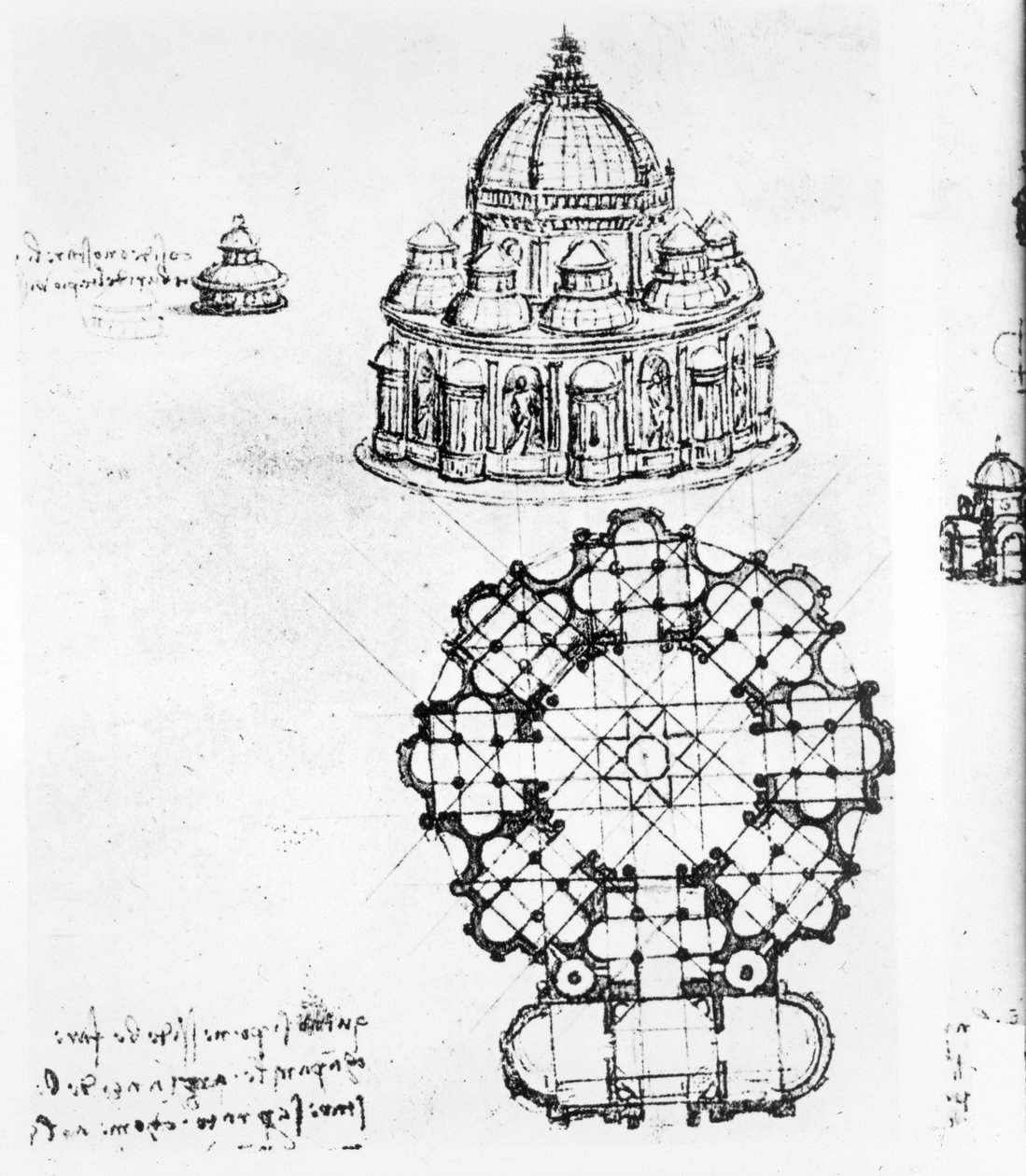 Detail centralizovaného kostela, pero a inkoust kolem roku 1488 a pero přes černou křídu od Leonardo da Vinci