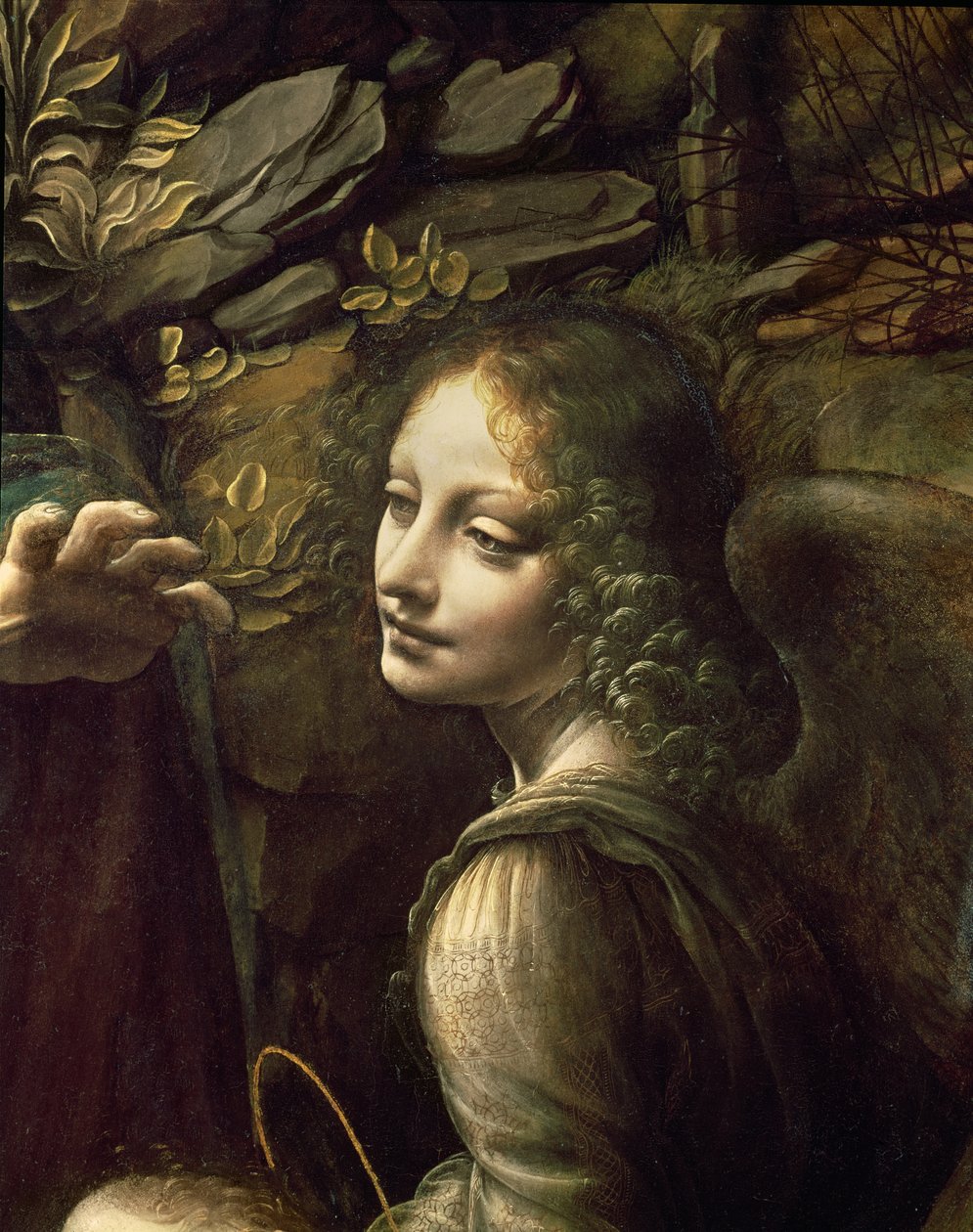 Detail anděla z obrazu Panny Marie ve skalách (Panna Marie s Jezulátkem, jak se klaní Jezulátku v doprovodu anděla), asi 1508 od Leonardo da Vinci
