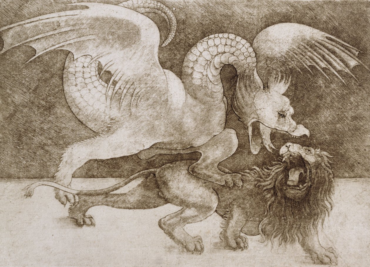 Boj mezi drakem a lvem (pero a inkoust na papíře) (tisk) od Leonardo da Vinci