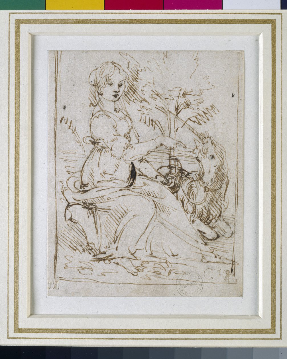 Dáma s jednorožcem, cca 1480 (pero a tmavě hnědý inkoust) od Leonardo da Vinci
