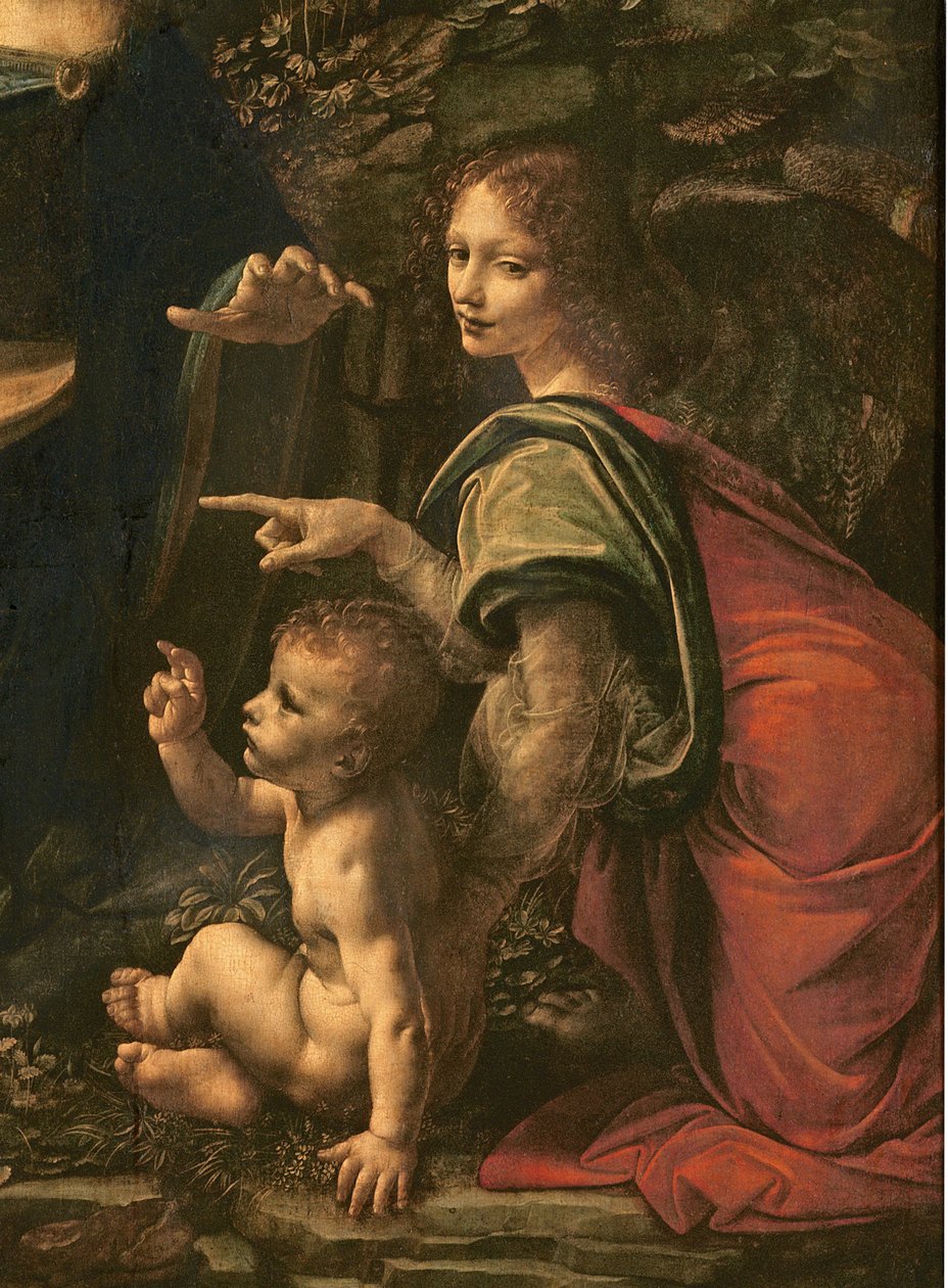 Madona ze skal detail svatého Jana a anděla, 1483-6 olej na plátně od Leonardo da Vinci