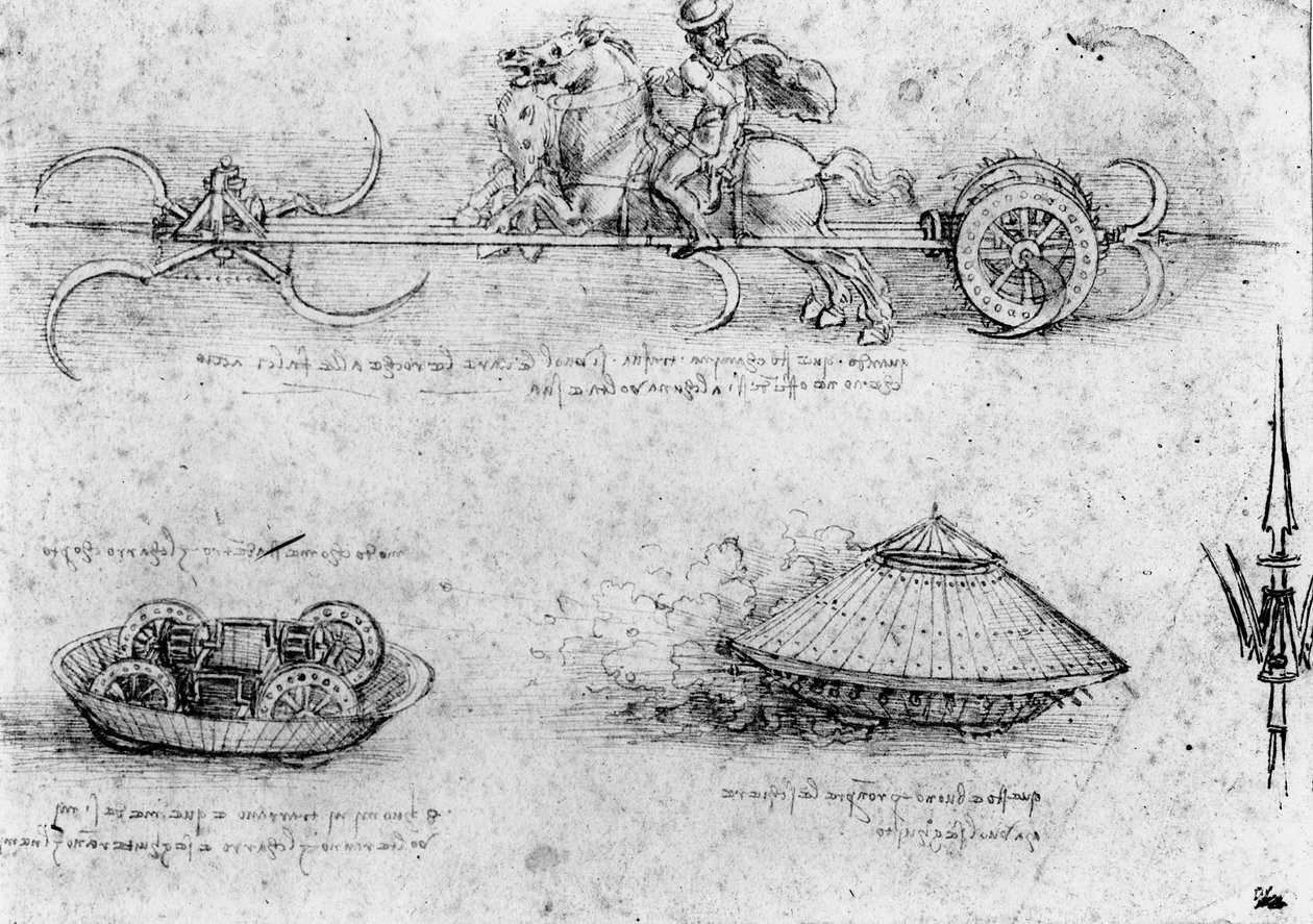 Studie vojenských strojů podobných tankům; včetně jednoho nahoře s koňmi táhnoucími stroj s otočnými kosami, cca 1485 (pero a inkoust a hnědá barva na papíře) od Leonardo da Vinci
