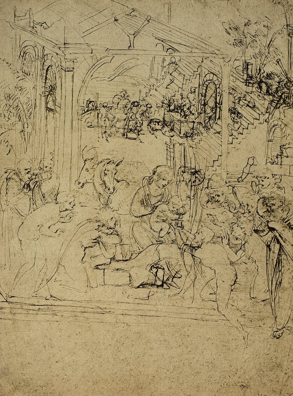 Studie ke klanění tří králů; kresba Leonarda da Vinciho. Louvre, Paříž od Leonardo da Vinci