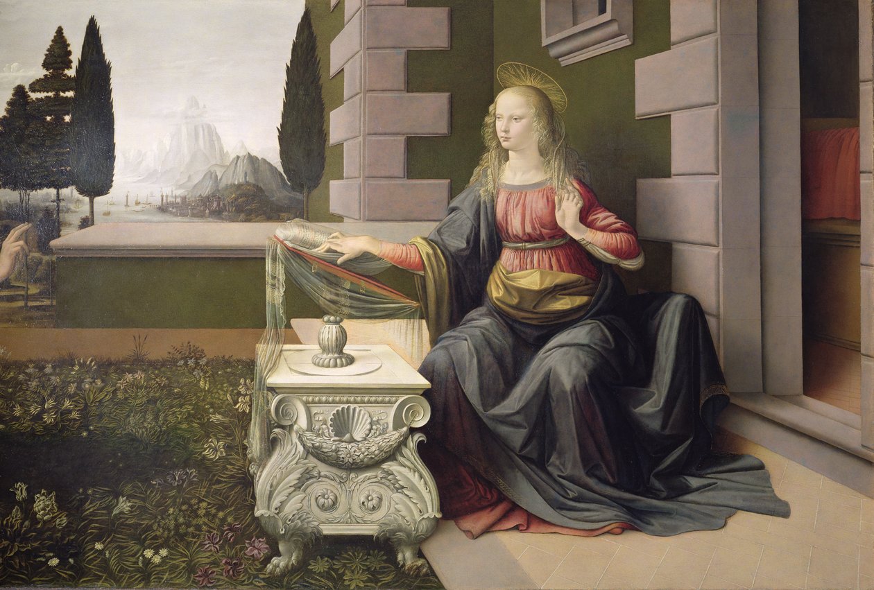 Panna Maria, od Zvěstování, 1472-75 (detail) (po restaurování) od Leonardo da Vinci
