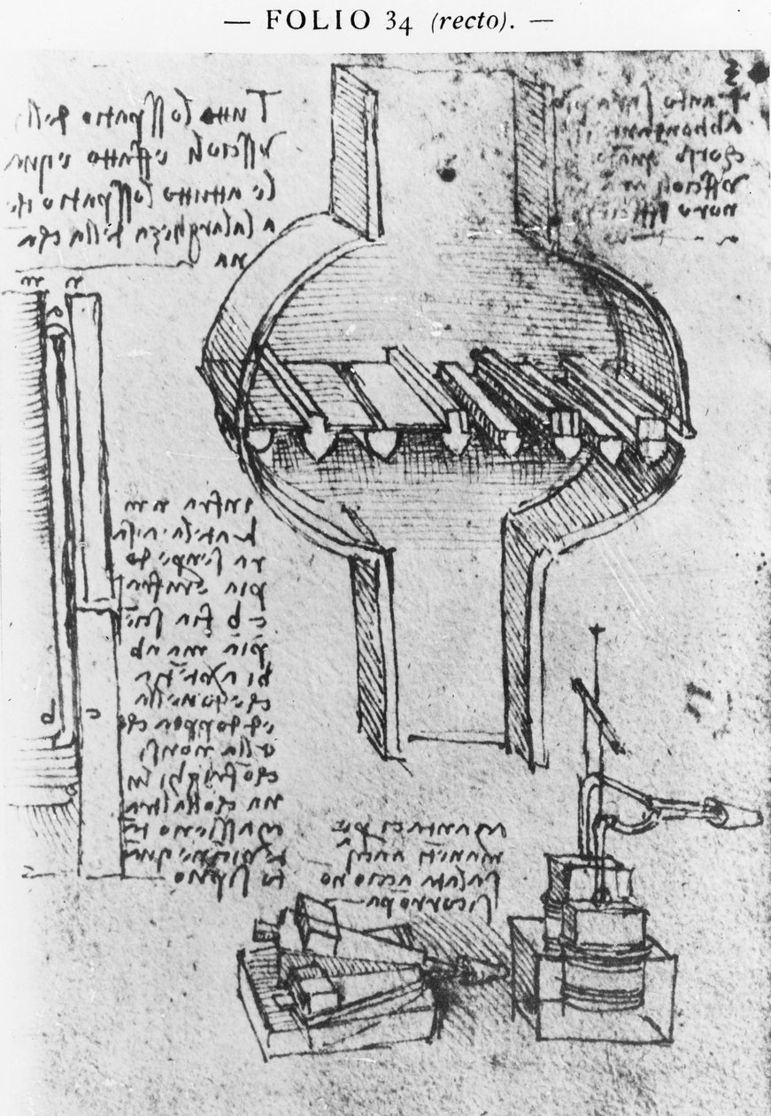 Fol. 34r z rukopisu E, 1513-14 od Leonardo da Vinci