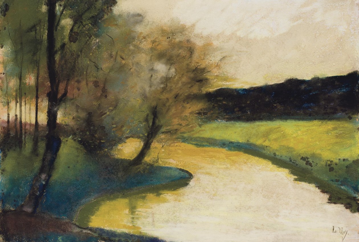 Podzimní krajina potoka ve večerním světle od Lesser Ury