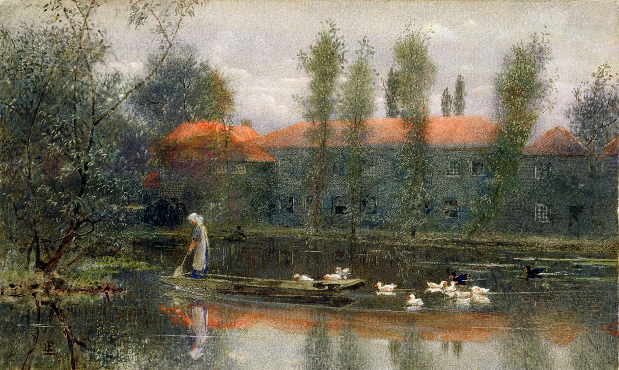 The Pond of William Morris Works at Merton Abbey (wc a kvaš na papíře) od Lexden L. Pocock