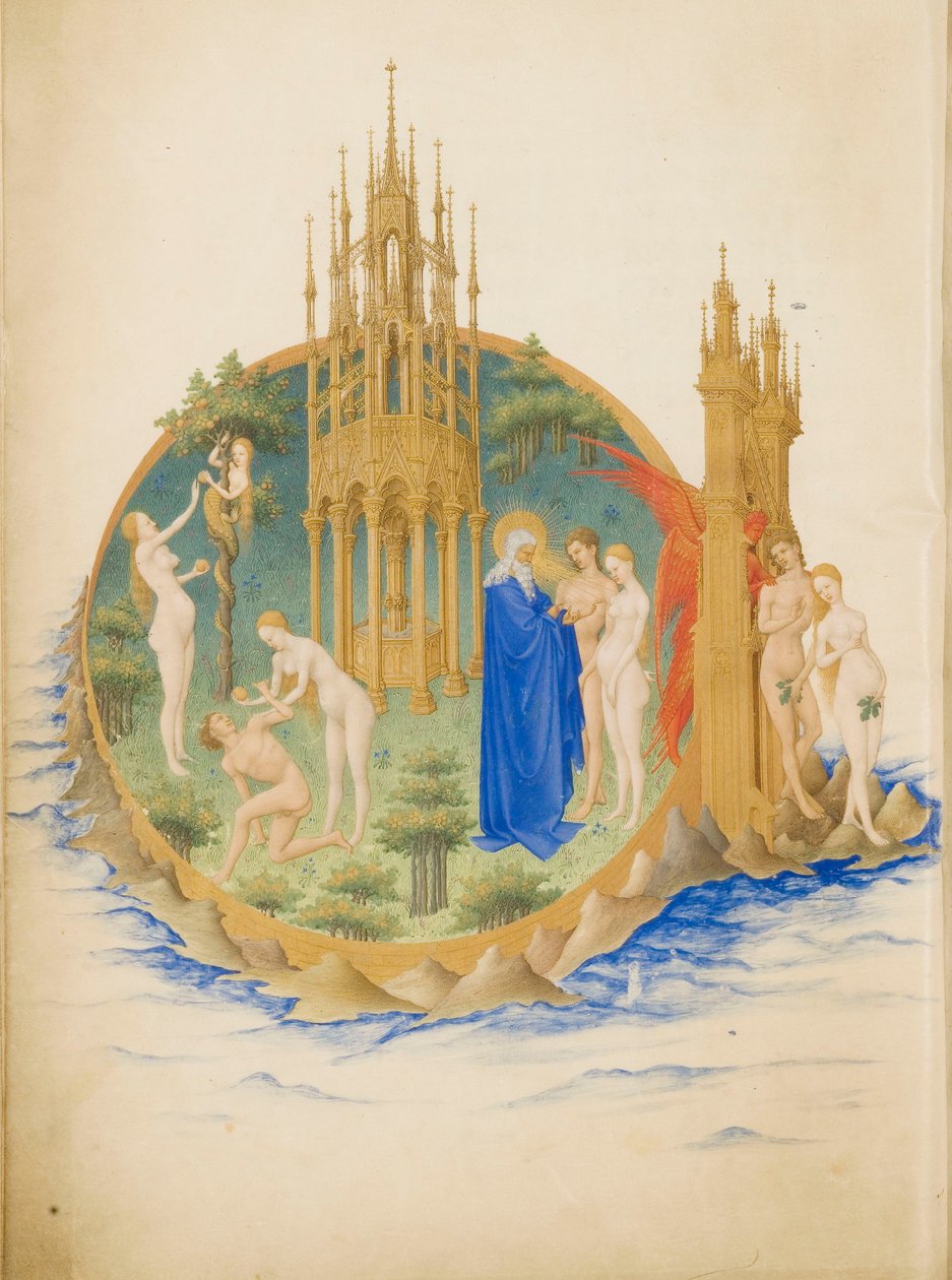Très Riches Heures du Duc de Berry Folio 25, vzadu: Rajská zahrada od Limbourg Brothers
