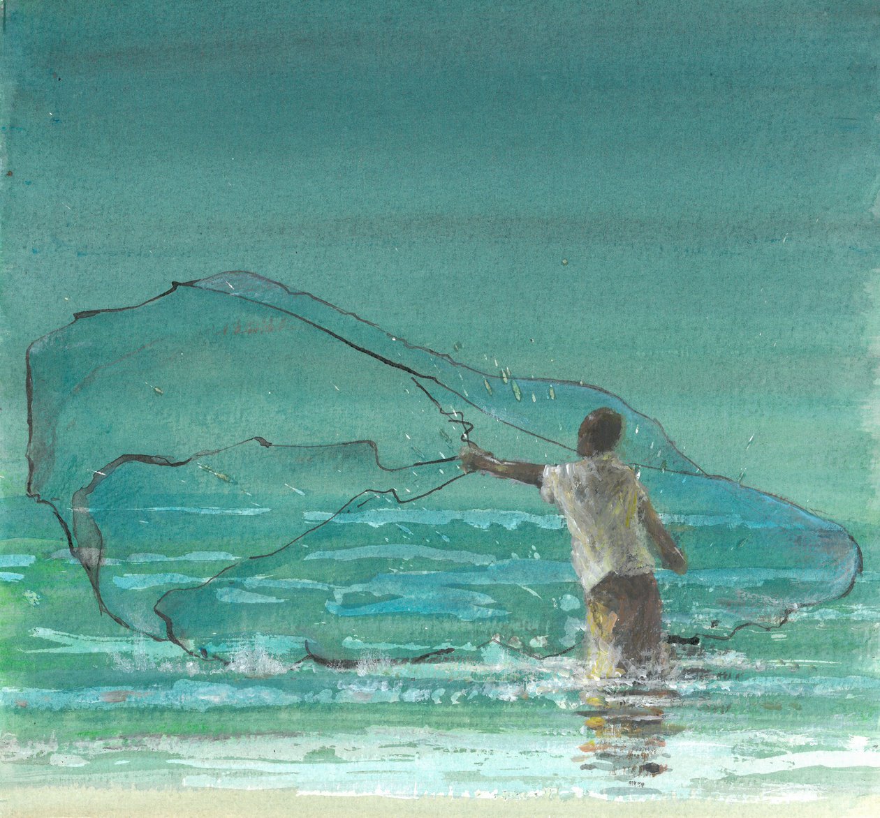 Lone Fisherman 3, 2015 (pero a inkoust s wc na papíře) od Lincoln Seligman