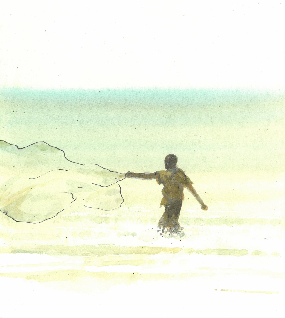 Lone Fisherman 6, 2015 (pero a inkoust s wc na papíře) od Lincoln Seligman