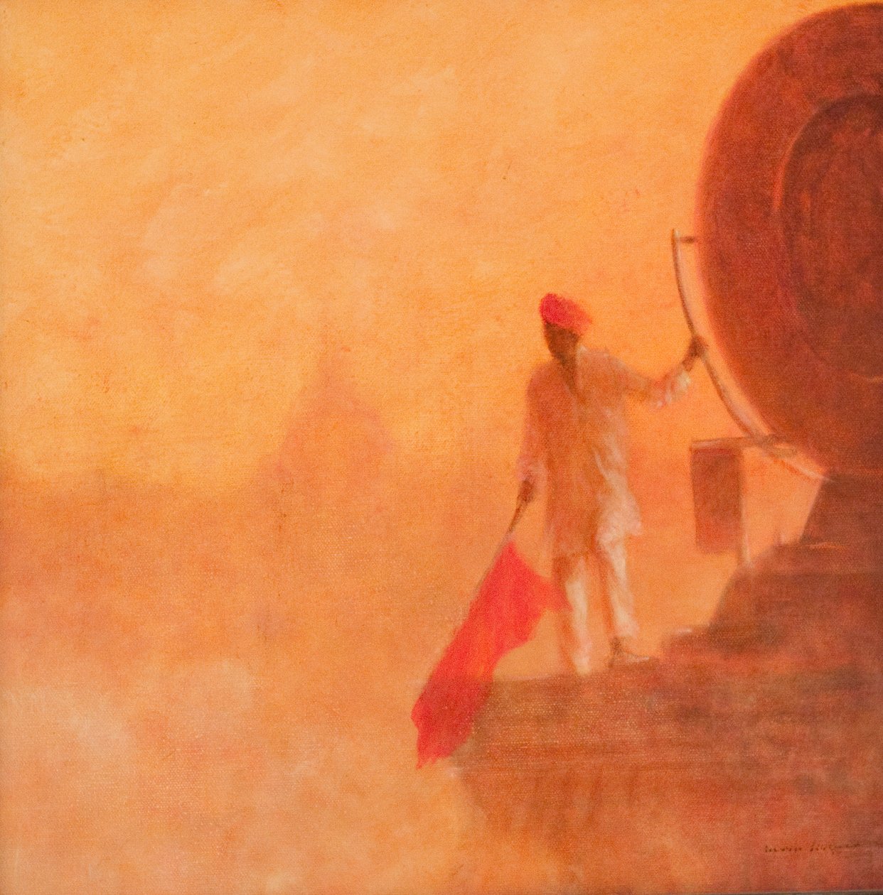 Muž s železniční vlajkou, Agra, 2010 (akryl na plátně) od Lincoln Seligman