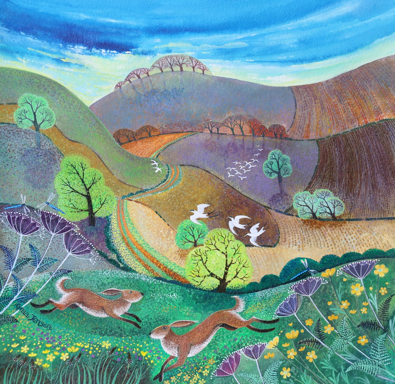 Downland Hares, 2017, (akryl na papíře) od Lisa Graa Jensen