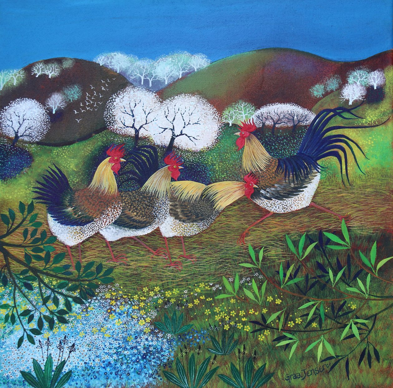 Rollicking Roosters, 2024 (akryl na plátně) od Lisa Graa Jensen