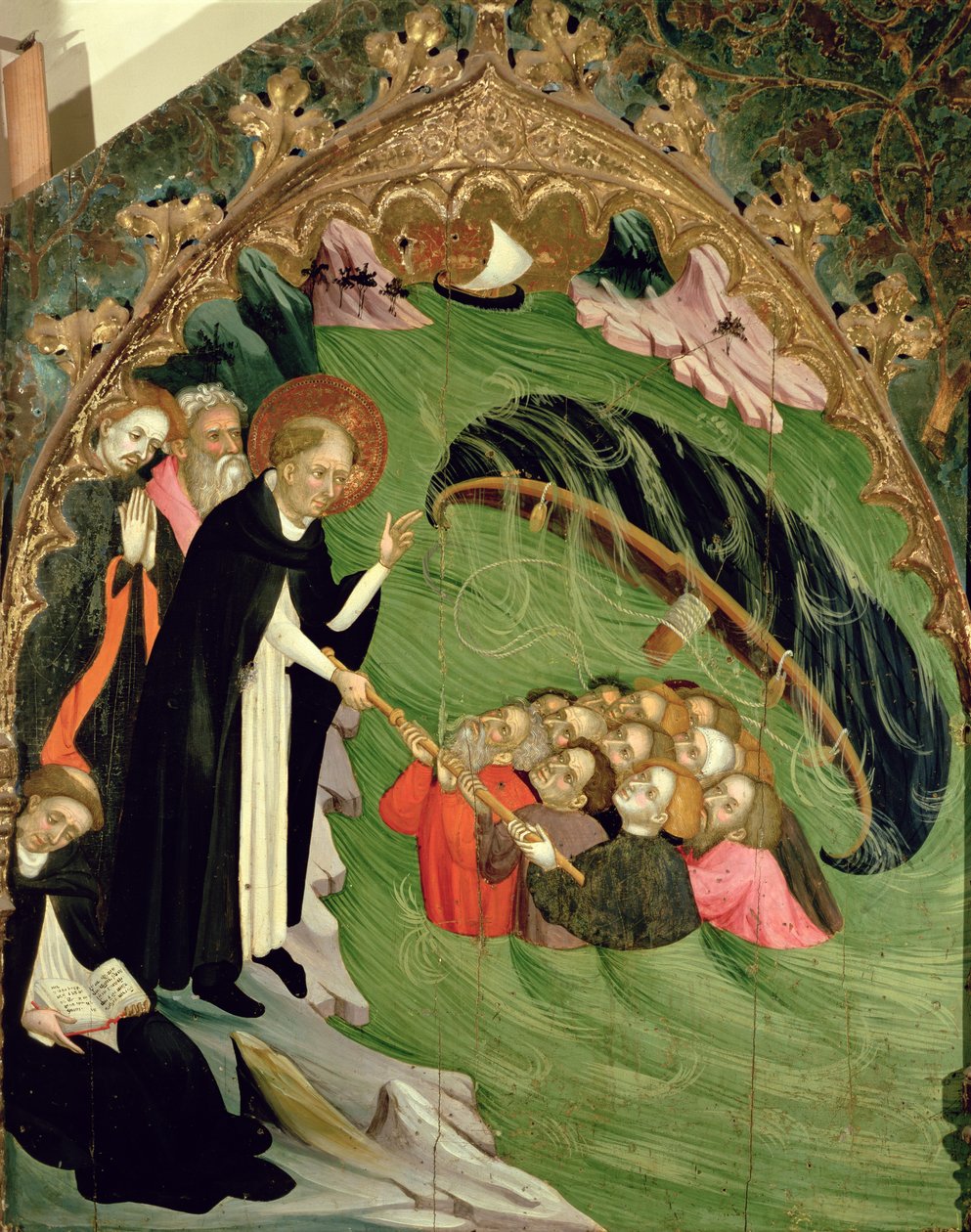 Svatý Dominik zachraňuje ztroskotané rybáře před utonutím, detail z oltářního obrazu sv. Claire, 1415 od Lluís Borrassà