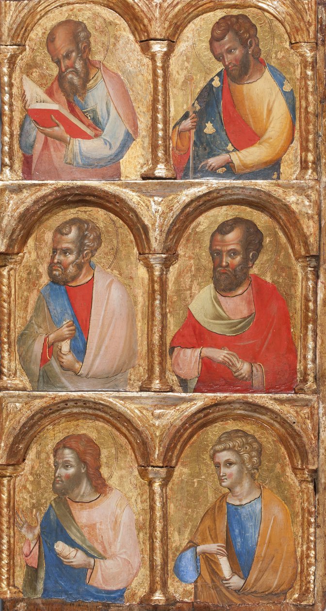 Detail Madony s dítětem s anděly, Ukřižováním a dvanácti apoštoly nebo svatými, tempera na desce, kolem roku 1360 od Lorenzo Veneziano