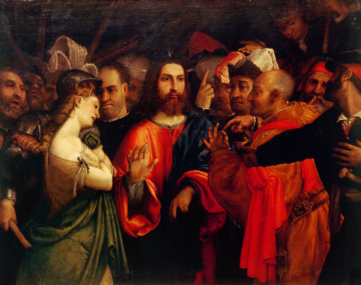 Kristus a cizoložnice od Lorenzo Lotto