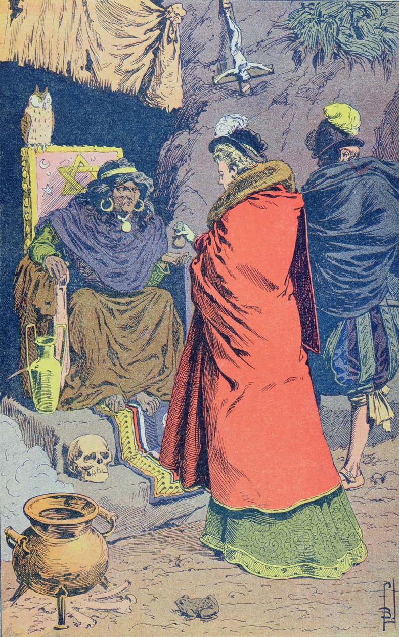 Čarodějnictví v 16. století, čarodějnice prodávající nějaké filtry, z „Histoire de France“ od Julese Micheleta (1798-1874) kolem roku 1900 (barevná rytina) od Louis Charles Bombled