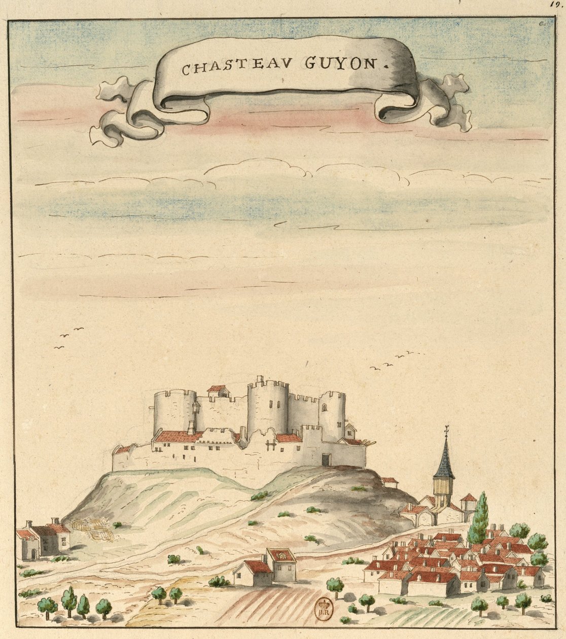 Kresba hradu a vesnice Châtel-Guyon (kolem roku 1450) inspirovaná Guillaume Revel, L