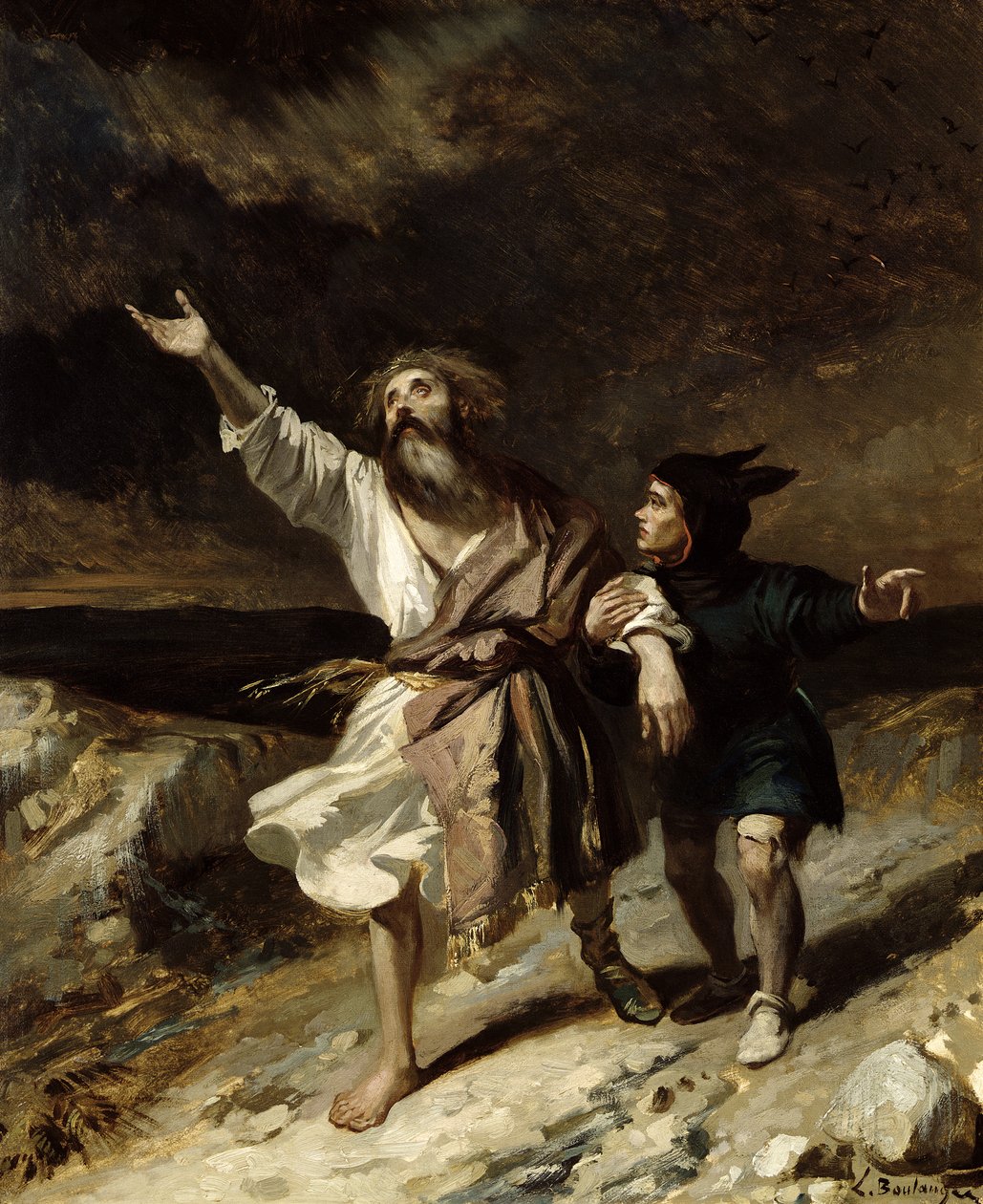 Král Lear a blázen v bouři, 3. dějství, 2. scéna z knihy "Král Lear" od Williama Shakespeara (1564-1616) 1836 od Louis Boulanger